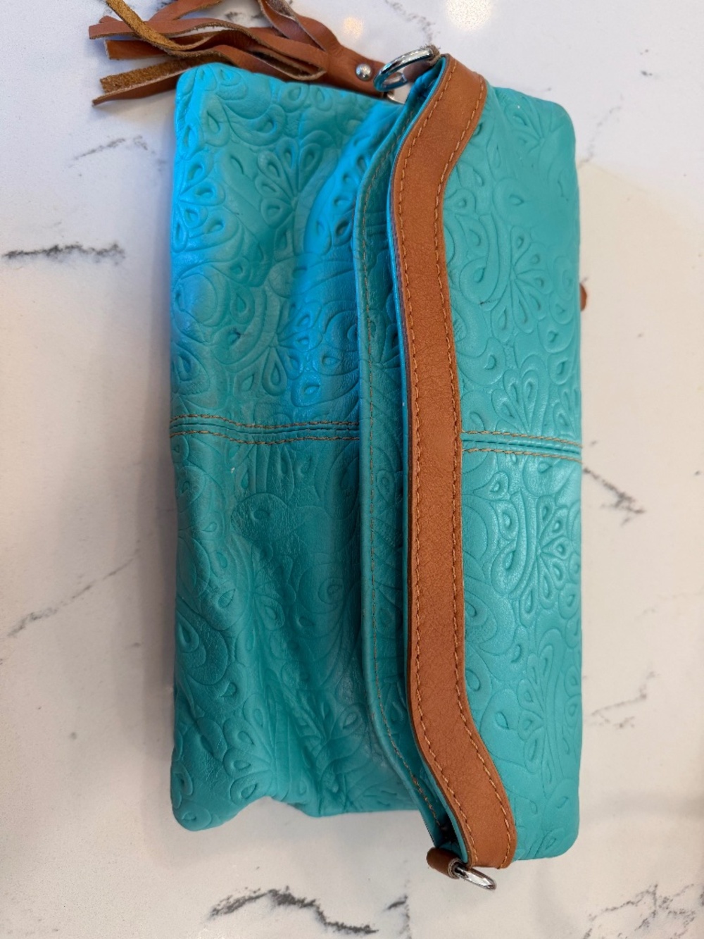 Zagara Venezia Italian Leather Turquoise Embossed Crossbody Clutch Purse